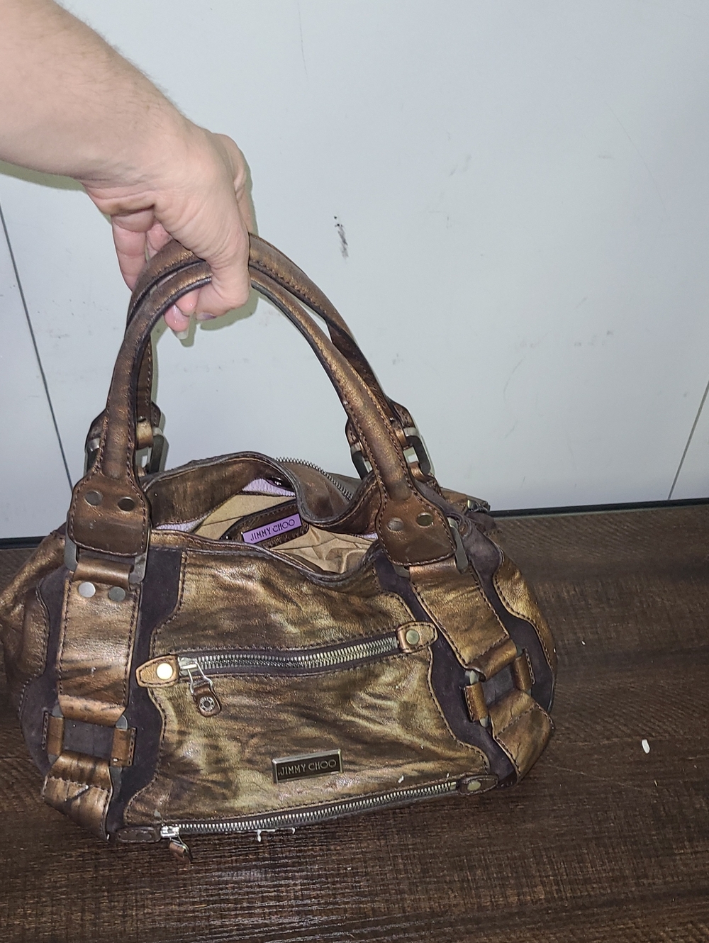 Jimmy Choo Metallic Bronze Leather Shoulder Bag
